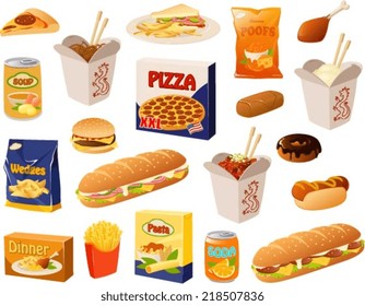 Vector illustration of various fast food items.