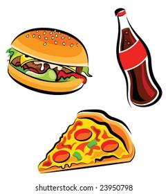 Vector illustration of various fast food (burger, cola and pizza slice)