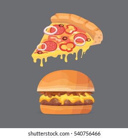 Vector illustration of various fast food. Cartoon pizza and burger isolated illustration