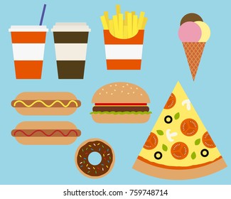 Vector illustration of various Fastfood food and beverages, suitable for menu card - flat design