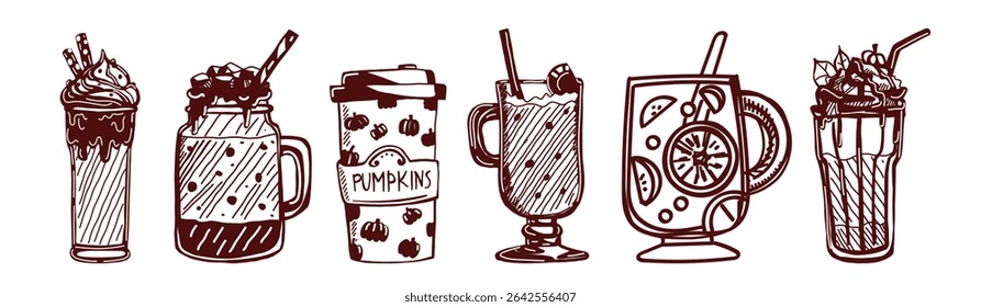 vector illustration of various festive drinks cocktails, champagne, and fruity beverages with garnishes. Perfect for menus, posters, and celebration-themed designs.
