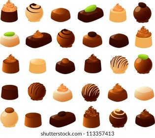 Vector illustration of various filled chocolates.