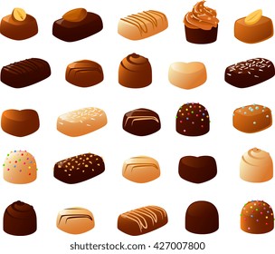 Vector illustration of various filled chocolates.