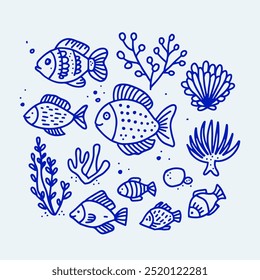 Vektorgrafik von verschiedenen Fischen, Algen und Muscheln in einem minimalistischen blauen Linien Kunststil. Perfekt für Meeresthemen, Unterwasserdesigns und aquatisches Dekor.