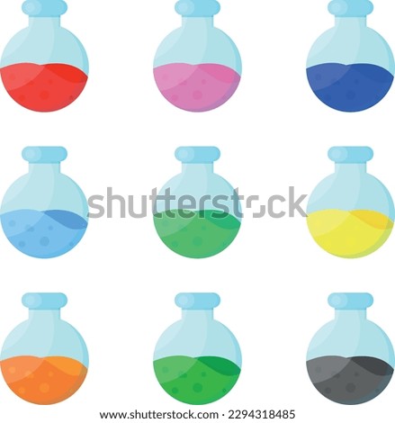 Vector illustration of various flasks with potions of different colors. multicolored liquids. Erlenmeyer flask with different substances. Chemical containers.