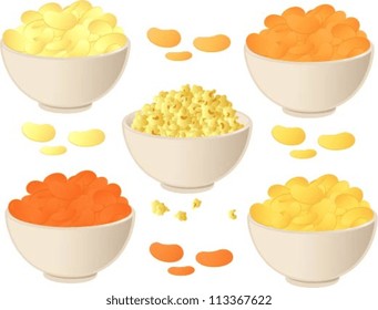 Vector illustration of various flavors of chips and popcorn in a bowl.