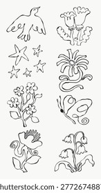 Vector illustration of various floral and nature elements, including birds, stars, flowers, and butterflies, in a simple black outline style.