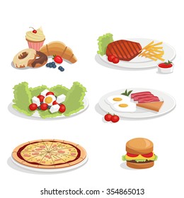 Vector illustration of various food dishes. Dessert, dinner, breakfast, fast food.