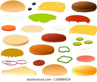 Vector illustration of various food items for building your own burger.