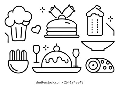 Vector illustration of various food items and beverages in a simple black and white line art style