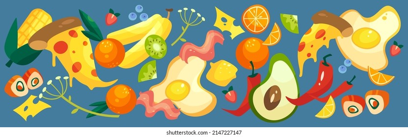 Vector illustration of various food for menus, cafes and cooking recipes. Stylized pizza, scrambled eggs, various fruits and vegetables