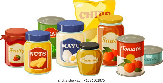 Vector illustration of various food pantry staples in jars and cans isolated on white background