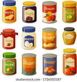 Vector illustration of various food pantry staples in jars and cans isolated on white background