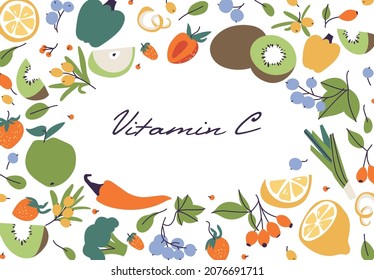 Vector illustration various of food with vitamin C sources. Fruits and vegetables enriched with ascorbic acid. Nutrition background