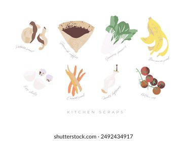 Vector illustration of various food waste suitable for composting. Reducing waste concept