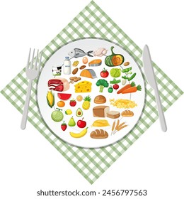 Vector illustration of various foods on a plate.