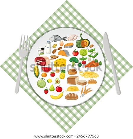 Vector illustration of various foods on a plate.