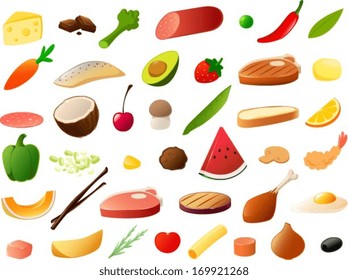 Vector illustration of various fresh food items.