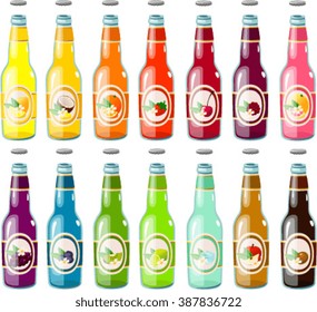 Vector illustration of various fruit drinks in bottles.