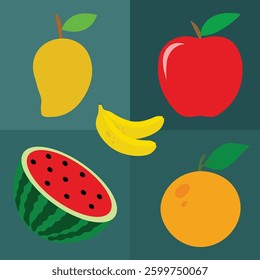 vector illustration of various fruits, apple, banana, mango, watermelon, and orange icon