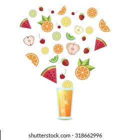 Vector illustration of various fruits flying out of a juice glass. Fruit explosion. Vector 10 eps file. Menu illustration, package design, website design element. 