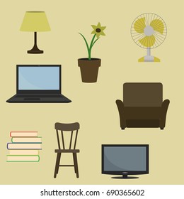 Vector illustration of various furniture and decoration items.