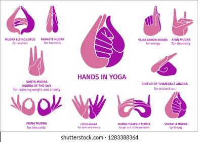 Vector Illustration of various gestures of colorful hands in meditation, on a white background.
Hand drawn drawn set of different wise for banner design. Hands in yoga, gestures for health and energy