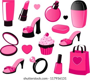 Vector illustration of various girly beauty and fashion items in black and pink isolated on white.