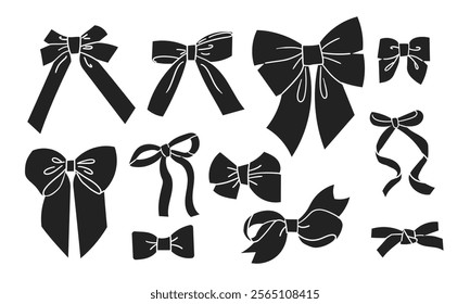 Vector Illustration of various girly vintage bow set. Bow for hair decoration flat. Ribbons isolated. Trendy girls accessories. Cute hairstyle elements collection