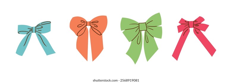Vector Illustration of various girly vintage bow set. Bow for hair decoration flat. Ribbons isolated. Trendy girls accessories. Cute hairstyle elements collection