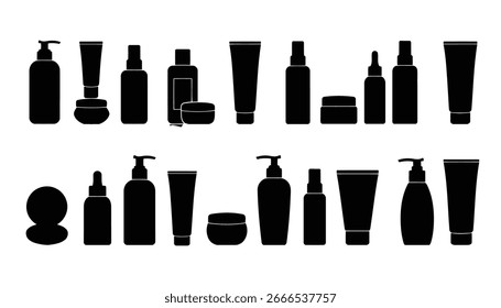 A vector illustration of various glass containers for cosmetics, perfume, and alcohol