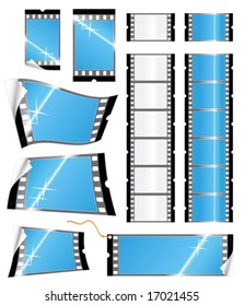 Vector illustration of various glossy stickers and tags or labels in the shape of a film strip. Photography concept.