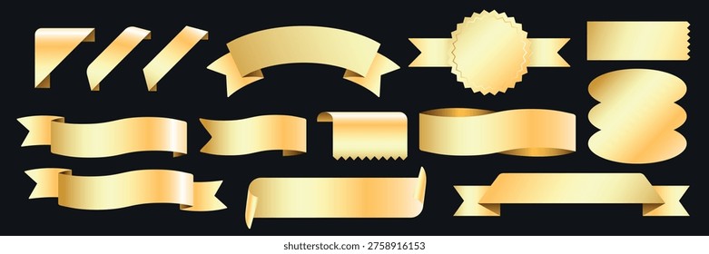 Vector illustration of various gold ribbons and banners on a dark background. Includes different shapes like circles, curves, and zigzag edges.