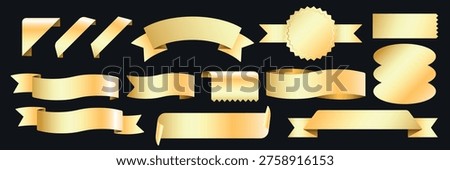 Vector illustration of various gold ribbons and banners on a dark background. Includes different shapes like circles, curves, and zigzag edges.