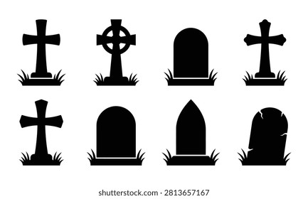Vector illustration of various gravestones and tombstones icons. Collection of cemetery monuments with crosses and different shapes for Halloween design.