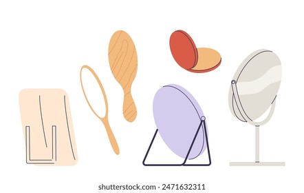 Vector Illustration Of Various Hair Styling And Grooming Tools, Including Mirrors, Brushes, And Combs, Isolated On White