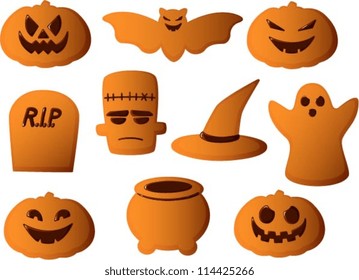 Vector illustration of various halloween cookies with decorations isolated on white.