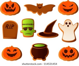 Vector illustration of various halloween cookies with colored frosting isolated on white.