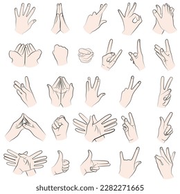 Ilustración vectorial de diversos gestos de mano, movimientos, aislados sobre un fondo blanco, dibujados