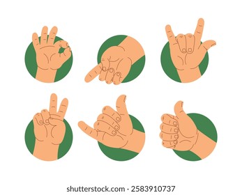 A vector illustration of various hand gestures symbolizing communication, emotions, and social interactions. Simple and recognizable signs for use in design, marketing, and social media.