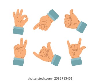 A vector illustration of various hand gestures symbolizing communication, emotions, and social interactions. Simple and recognizable signs for use in design, marketing, and social media.