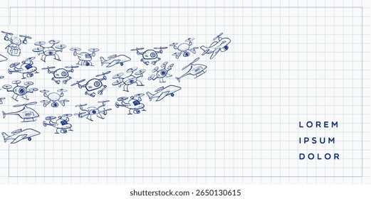 Vector illustration of various hand-drawn blue pen doodle drones and flying machines on graph paper background.