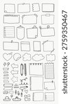 Vector illustration of various hand-drawn note and paper elements, including sticky notes, arrows, and clips, on a white background.