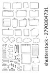 Vector illustration of various hand-drawn note and paper clip designs, including sticky notes, arrows, and clouds, in a minimalist black and white style.