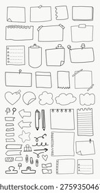 Vector illustration of various hand-drawn note and paper elements, including sticky notes, arrows, and clips, on a white background.