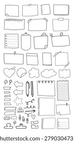 Vector illustration of various hand-drawn note and paper clip designs, including sticky notes, arrows, and clouds, in a minimalist black and white style.