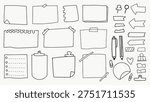 Vector illustration of various hand-drawn office supplies, including sticky notes, paper clips, pens, and push pins, in a minimalist style.