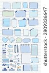Vector illustration of various hand-drawn paper notes, arrows, and stationery items in blue tones on a lined background, perfect for creative projects.