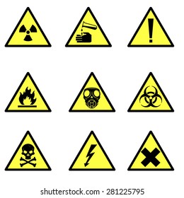 A vector illustration of various hazard icon signs. Warning hazard icon illustrations. Universal symbols for hazards.