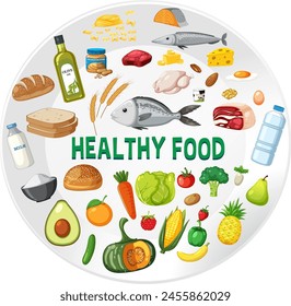 Vector illustration of various healthy food items.